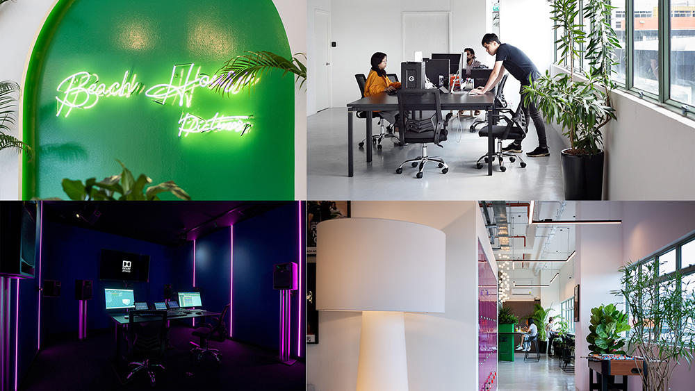 A montage of four photos showing Beach House pictures offices and studio