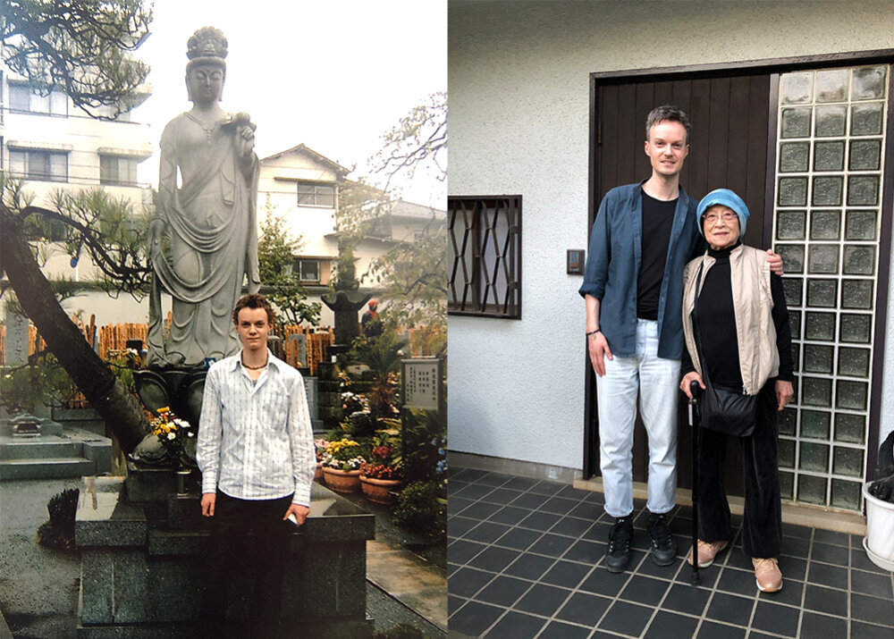 Marcus standing in front of a religious sculpture and a second photo of him standing with his host father in front of athe front door of a house