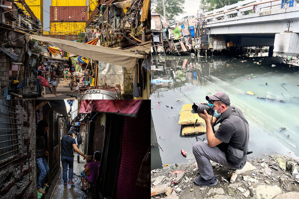 A montage of three photos showing Nicholas Jones taking photos in the streets of Todo, the philippines
