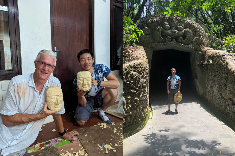 Two photos - one showing two men holding up wooden carved masks and the other a man standing in front of an ornately carved tunnel