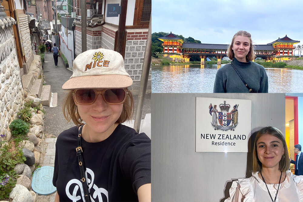 A montage of three photos of Olivia in South Korea