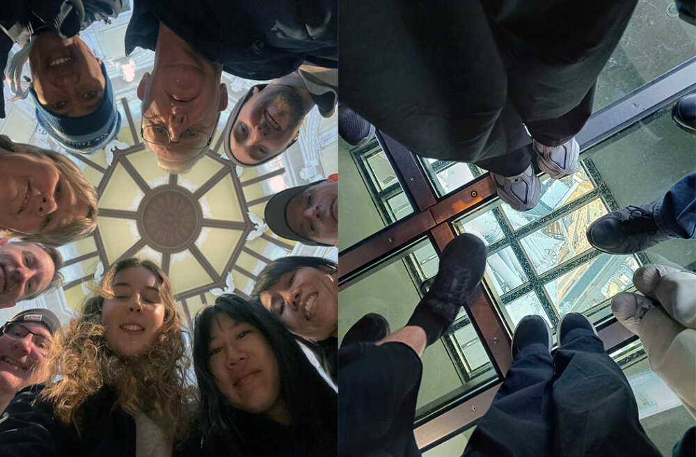 A team photo at Tokyo Station (left) and  a photo of the team members' feet looking down through the glass floor of the Tokyo Skytree observation deck 