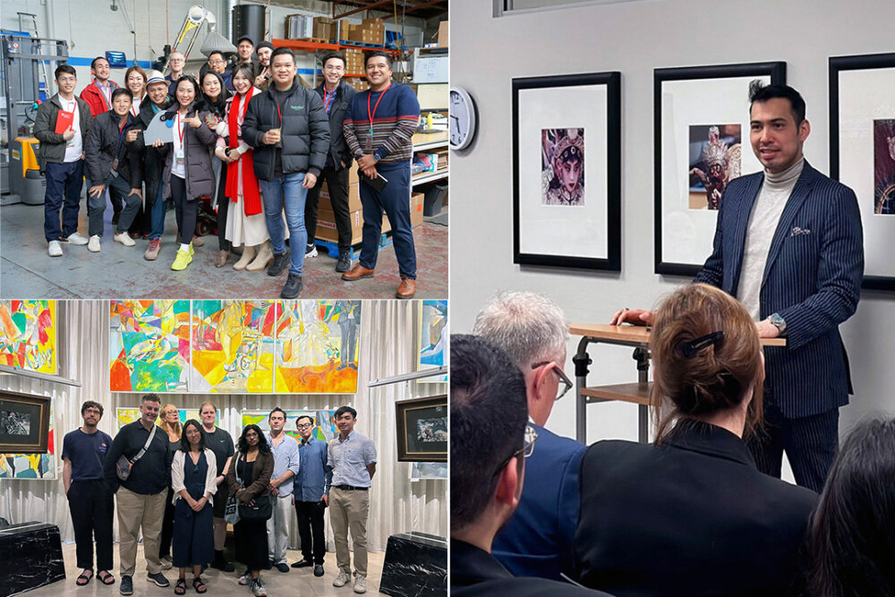 A montage of three photos showing curators posing in front of paintings, agribusiness entrepreneurs posing for a group photo, and Richard haydarian speaking to a an audience at an Asia After Five event