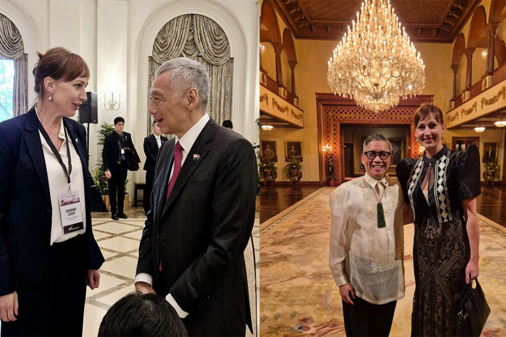 Suz with then Singaporean Prime Minister Lee Hsien Loong (left) and NZ MP Paulo Reyes Garcia in the Philippines