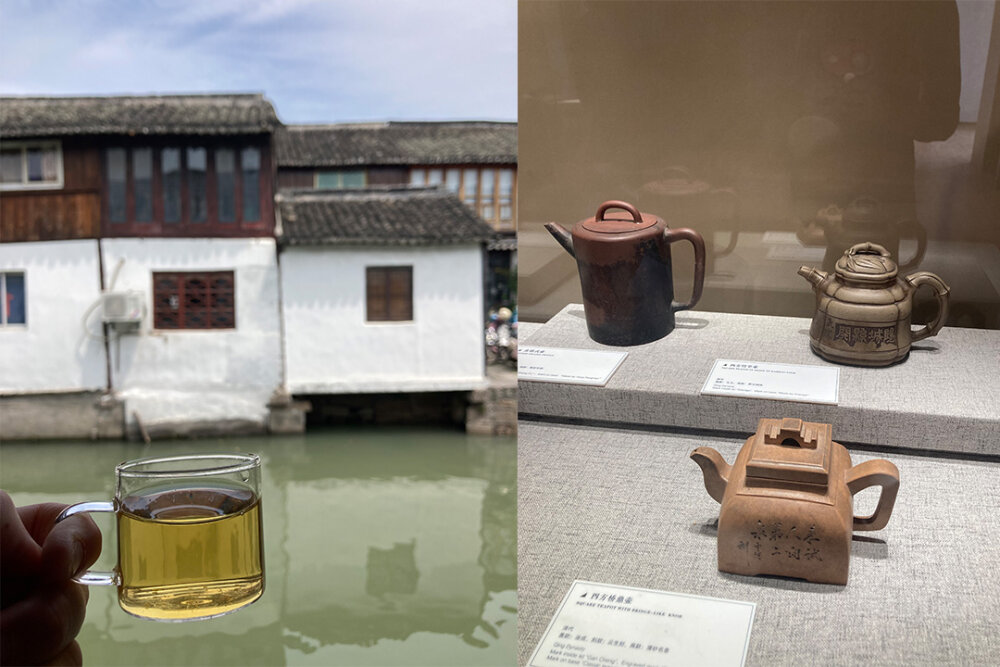 Two photos, one showing a person's hand holding a cup of tea overlooking an old building on the other side of a canal 